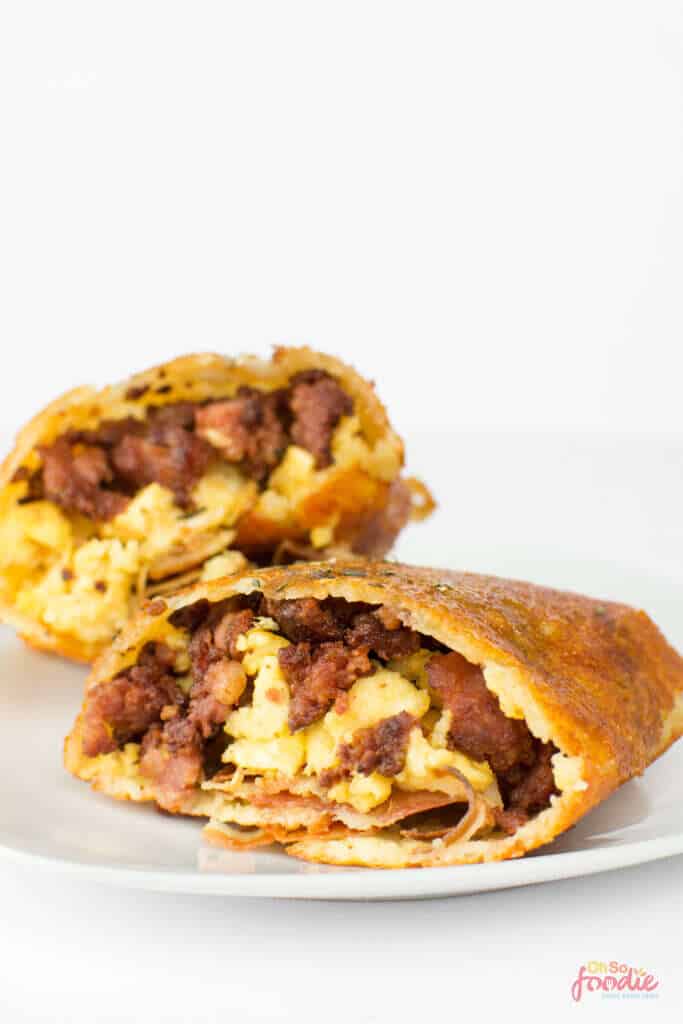 keto egg burrito with sausage, bacon and cheese