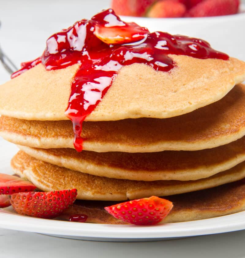 Keto Strawberry Pancakes Served With Strawberry Syrup Oh So Foodie