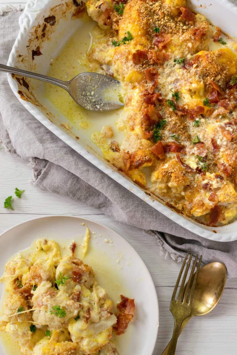 Easy Keto Cauliflower Mac And Cheese With Pork Rinds Oh So Foodie