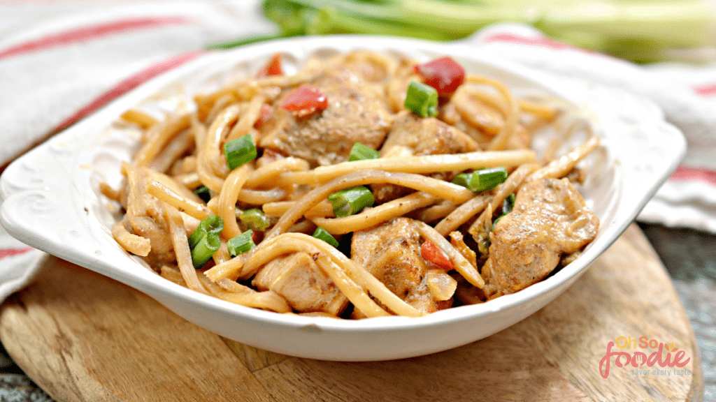 a bowl of keto chicken spaghetti