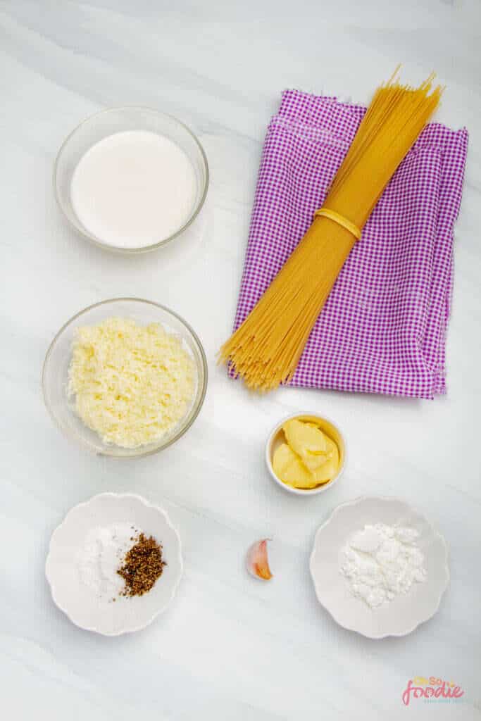 Ingredients for creamy pasta with milk