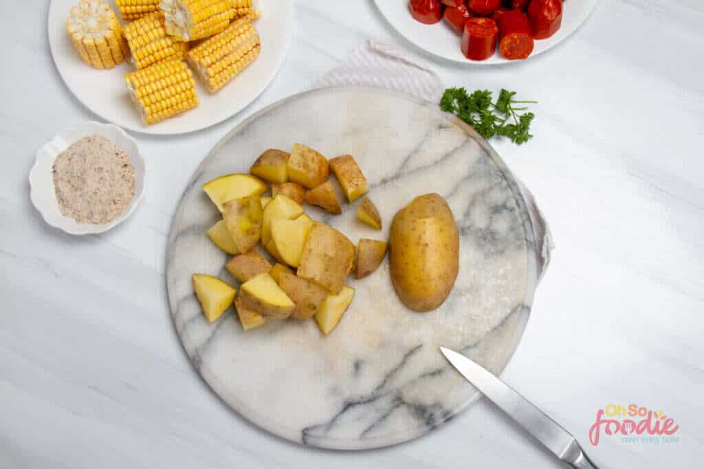 chopped potatoes for crab boil recipe