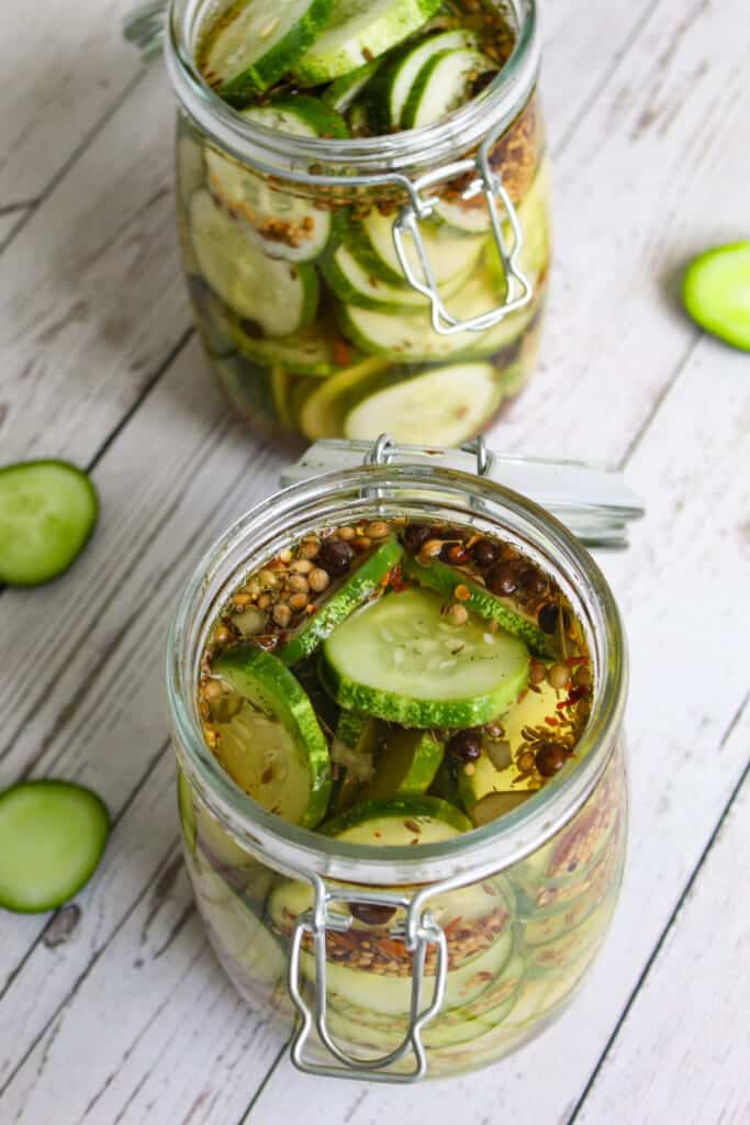 Cucumbers in pickling spice brine