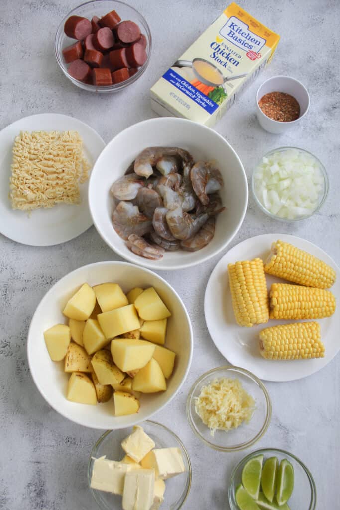 ingredients for ramen noodle seafood boil