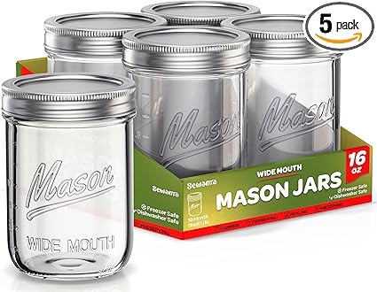 Wide Mouth Mason Jars - 16 oz [5 Pack]