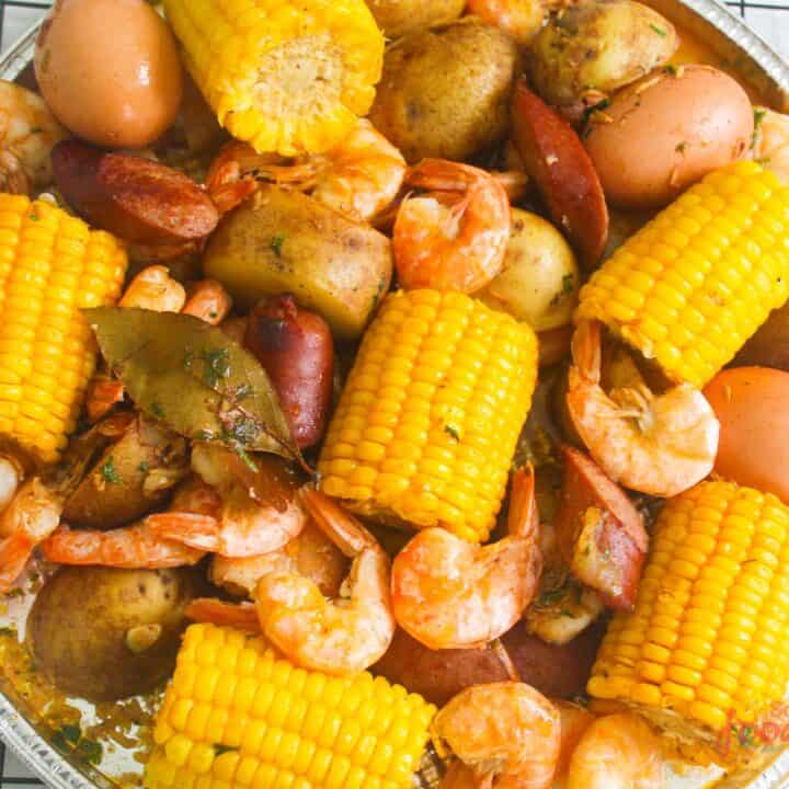 shrimp boil bag served on platter