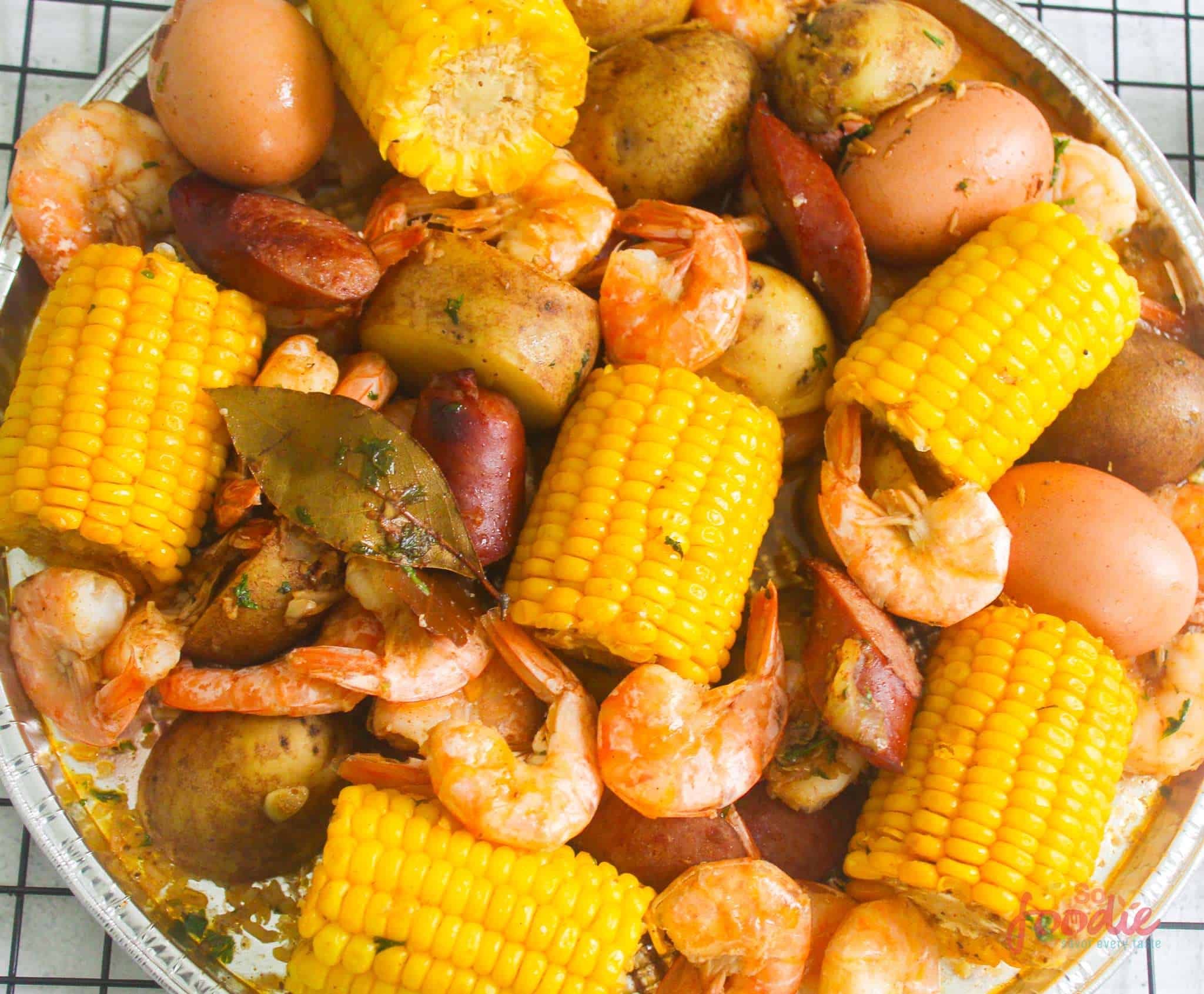 shrimp boil bag served on platter